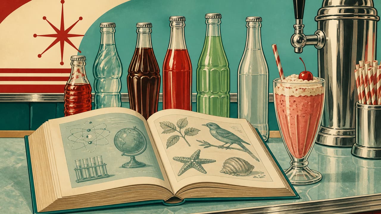 An open reference book beside assorted soda bottles and a fountain glass in a retro illustration