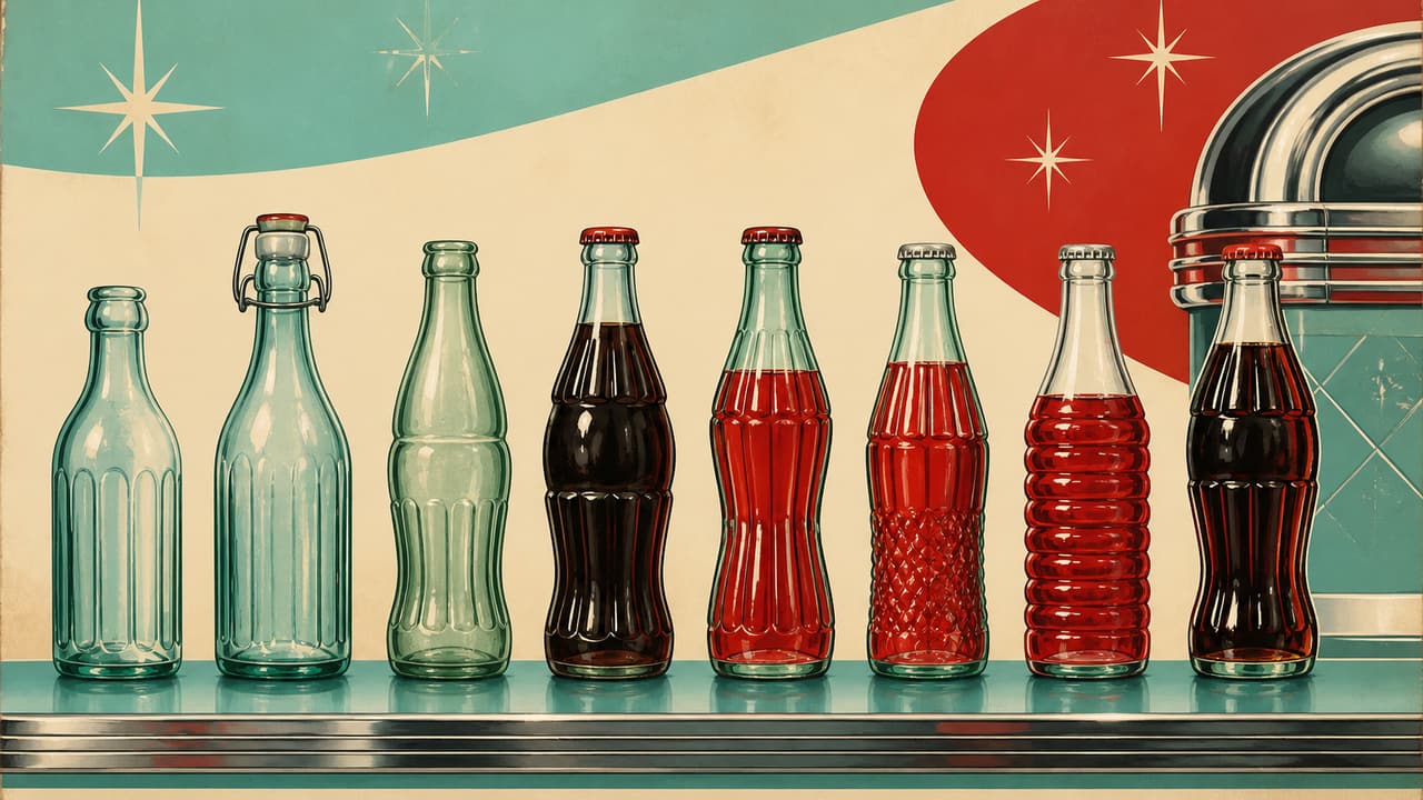 A row of assorted vintage American soda bottles of different eras lined up on a shelf