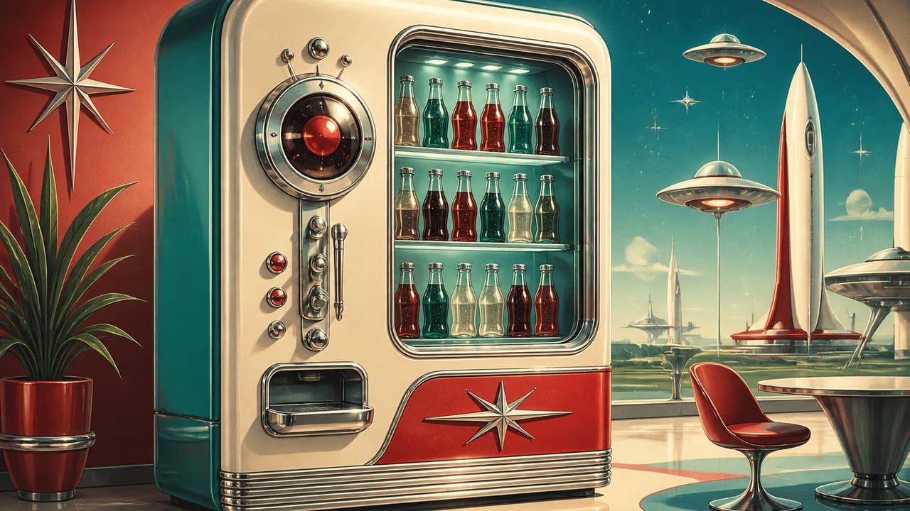 A retro vending-style soda machine with a large dial and glass display window