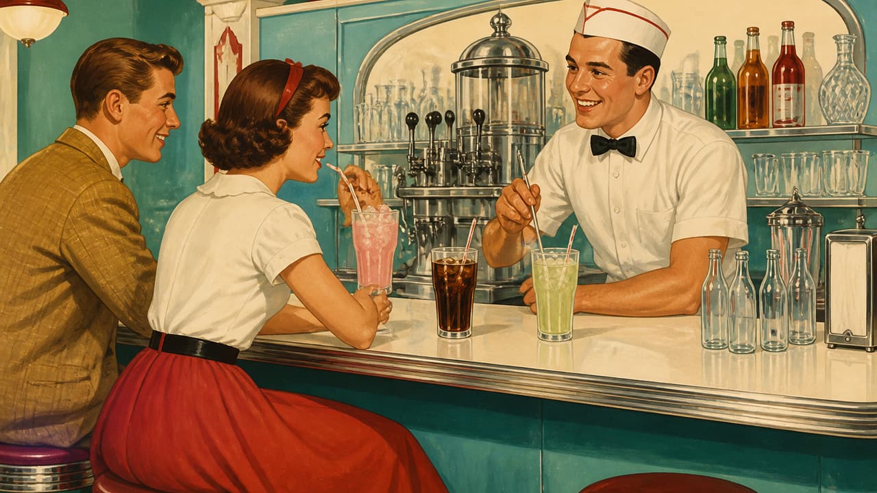 A 1950s drugstore soda fountain where a soda jerk serves two customers at the counter