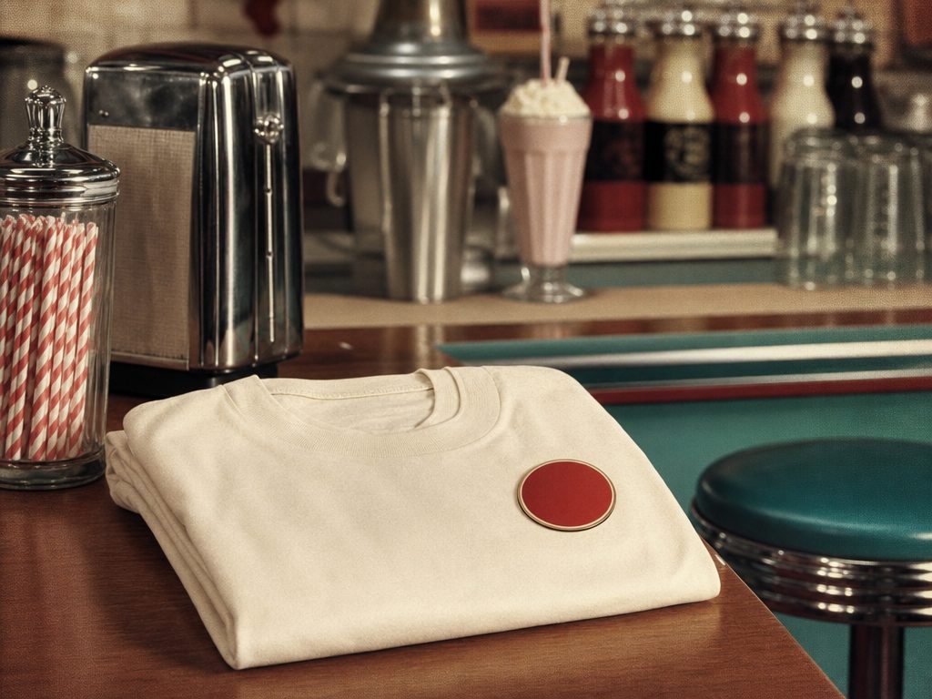 A folded vintage cream tee shirt with a small red circular emblem on a shop counter