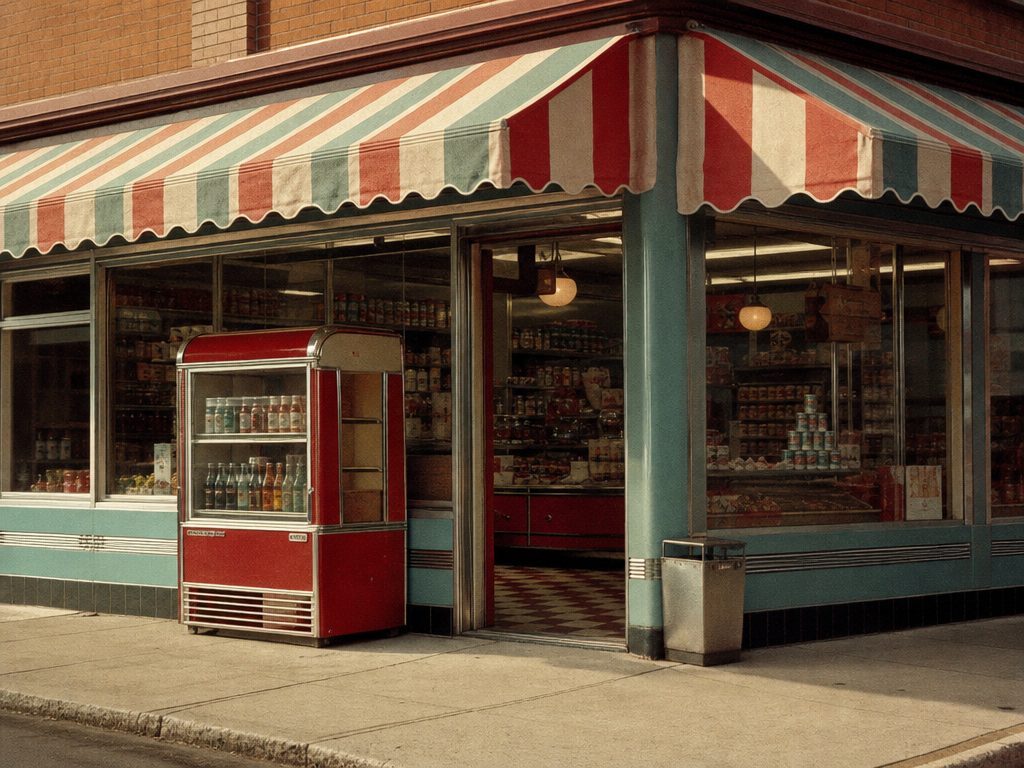 A vintage small-town corner grocery and deli storefront with an awning and a soda cooler