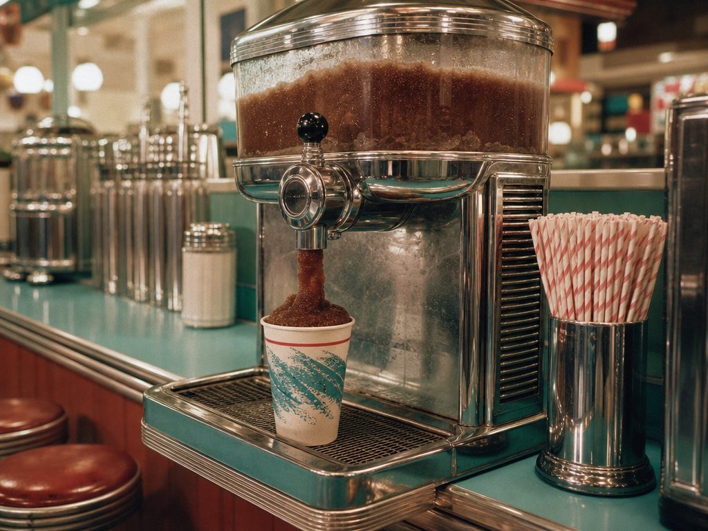 A vintage chrome soda-fountain slushie machine dispensing a dark frozen drink