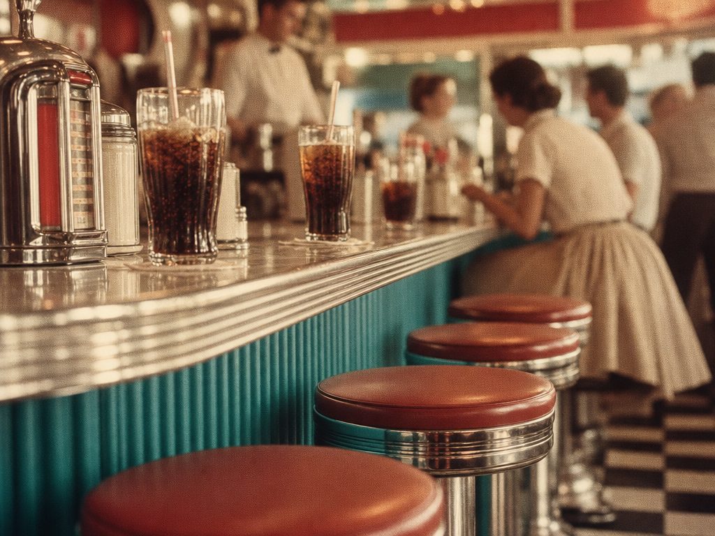 A nostalgic 1950s soda-fountain counter with chrome stools and tall glasses of dark soda