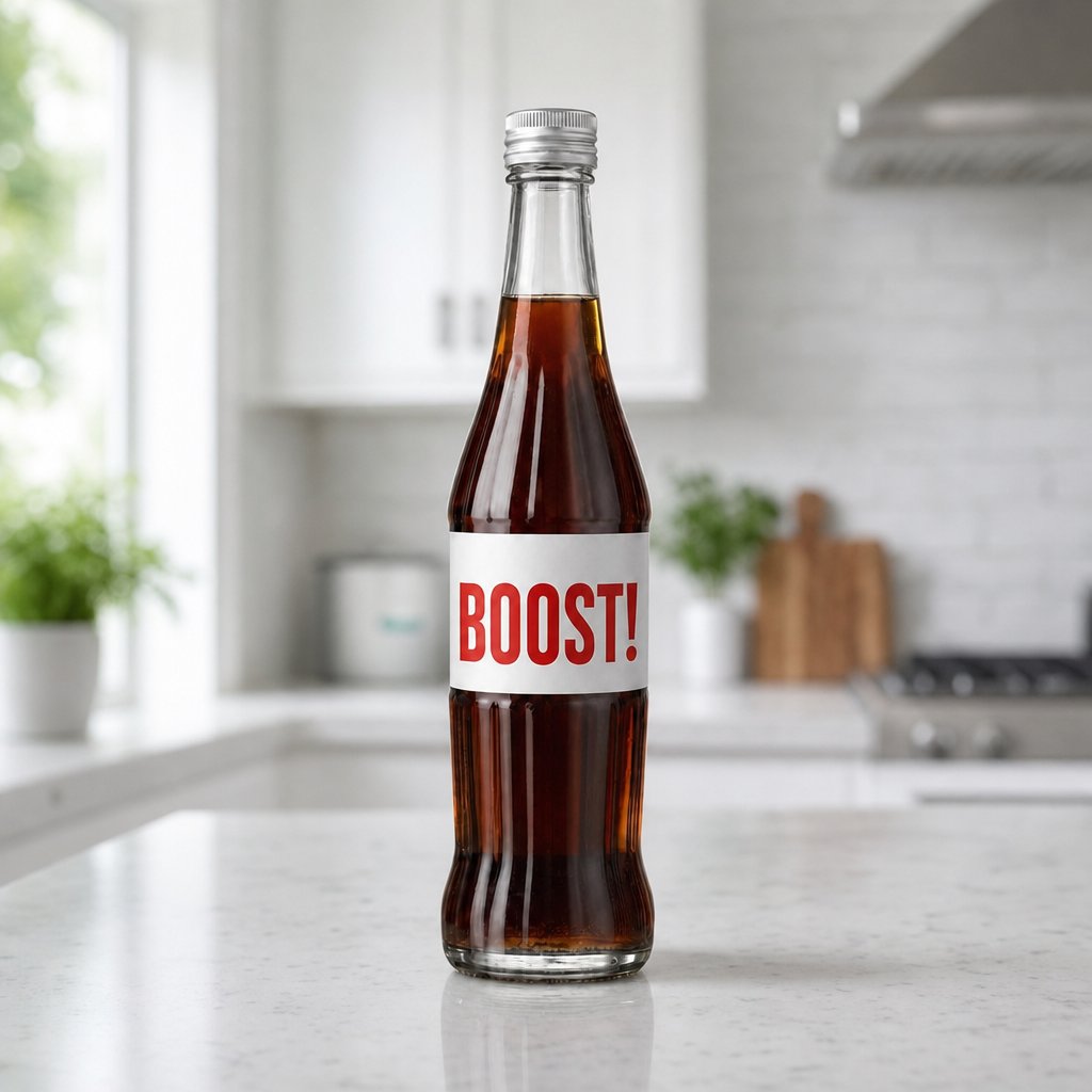 A modern soda bottle of the same dark Boost-style soda on the same studio background