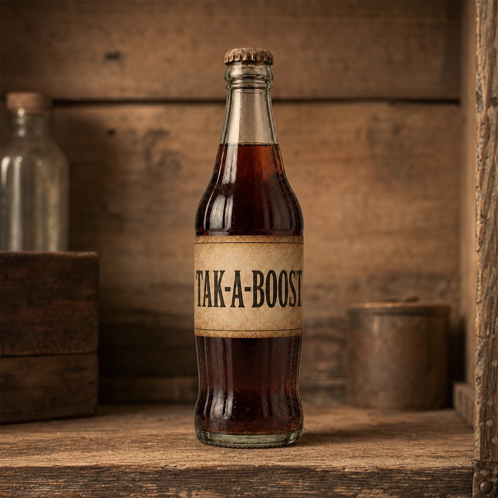 An antique early-1900s embossed glass soda bottle of dark Boost-style soda