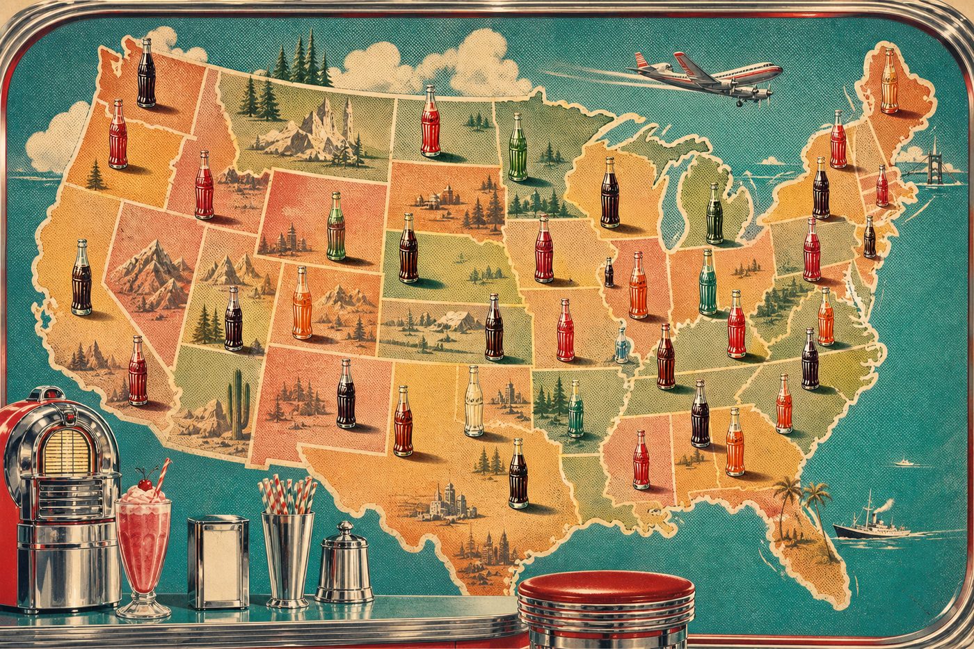 A stylized vintage map of the United States dotted with tiny retro soda bottles