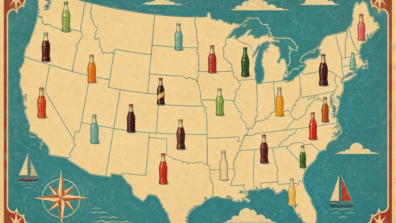 A retro illustration accompanying the story: Why Every American Region Has Its Own Soda