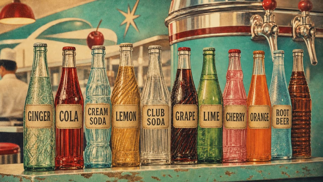 A row of assorted vintage American glass soda bottles lined up on a shelf